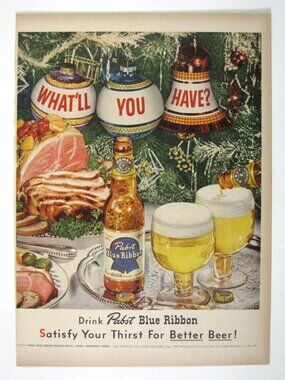 Print Ad Pabst Blue Ribbon Beer 1952 Christmas Ornaments Have Festive Mod Tree